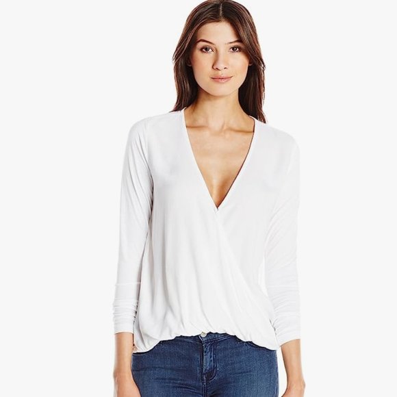 Three Dots White Faux Wrap Twill Cross Front Top - Picture 1 of 3